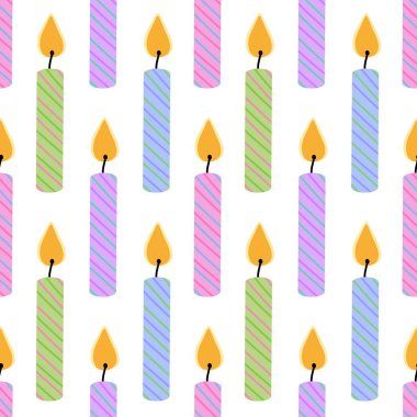 Kağıt, kumaş, çarşaf, çocuk giysisi baskısı, moda tekstil ürünleri ve düğün aksesuarları için şenlikli, kusursuz doğum günü mumu deseni. Yüksek kaliteli illüstrasyon