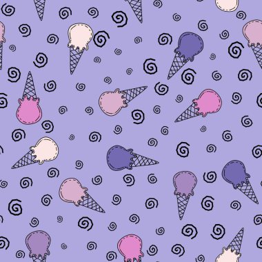 Karikatür yaz baskısı kağıtlar, kumaşlar, çarşaflar, çocuk giysileri, şenlikli ambalajlar ve parti aksesuarları için kusursuz dondurma deseni. Yüksek kaliteli illüstrasyon