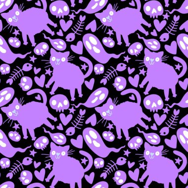 Cadılar Bayramı canavarları kağıt, kumaş ve çarşaf sarmak için kusursuz kedi desenleri ve çocuk giysileri baskısı ve şenlik ambalajı ve parti sonbahar aksesuarları. Yüksek kaliteli illüstrasyon