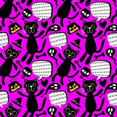 Çizgi filmlerdeki cadılar bayramı hayvanları kağıt, kumaş, çocuk giyimi baskısı, güz ambalajı ve parti aksesuarları için kusursuz kedi desenleri. Yüksek kaliteli illüstrasyon