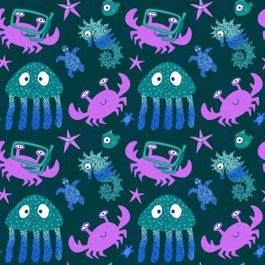 Deniz karikatüründeki yaz hayvanları dikişsiz yengeçler ve balıklar ve denizanaları ve ambalaj kağıdı, kumaş, çarşaf ve çocuk kıyafetleri ve parti aksesuarları için denizatı deseni. Yüksek kaliteli illüstrasyon