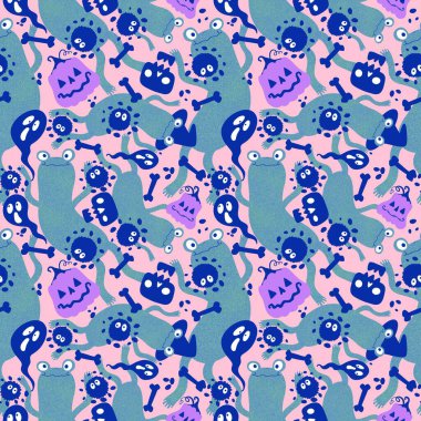 Cadılar Bayramı hayvanlarının dikişsiz kurbağaları, balkabakları, hayaletleri ve kafatası desenleri kağıt, kumaş, çocuk baskısı, şenlikli ambalajlar ve parti sonbahar aksesuarları. Yüksek kaliteli illüstrasyon