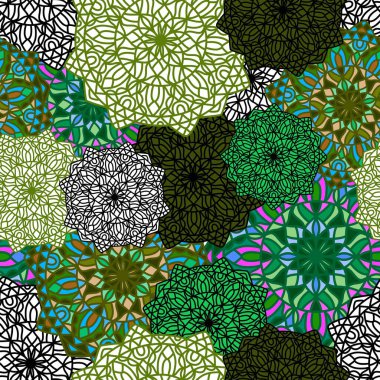 Kumaşlar ve çarşaflar, ambalajlar, moda tekstil ürünleri, parti aksesuarları, şenlik ambalajları ve çocuk baskıları için soyut geometrik dikişsiz mandala deseni. Yüksek kaliteli illüstrasyon