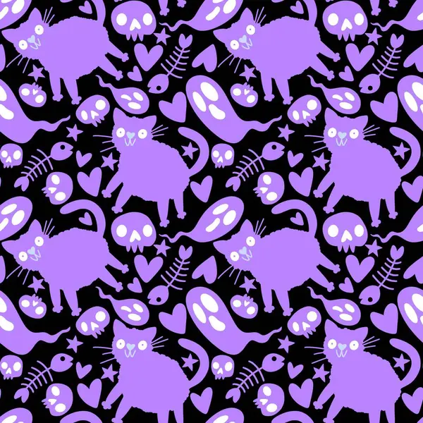 Cadılar Bayramı canavarları kağıt, kumaş ve çarşaf sarmak için kusursuz kedi desenleri ve çocuk giysileri baskısı ve şenlik ambalajı ve parti sonbahar aksesuarları. Yüksek kaliteli illüstrasyon