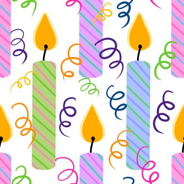 Kağıt, kumaş, çarşaf, çocuk giysisi baskısı, moda tekstil ürünleri ve düğün aksesuarları için şenlikli, kusursuz doğum günü mumu deseni. Yüksek kaliteli illüstrasyon