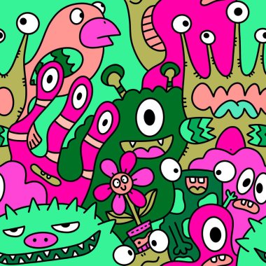 Çizgi film canavarları, kusursuz komik uzaylılar, tavşan, kaktüs ve çiçek desenleri. Kağıt, çarşaf, kumaş, çocuk giysisi baskısı ve şenlikli ambalaj için. Yüksek kaliteli illüstrasyon
