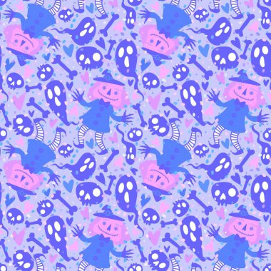 Cadılar Bayramı balkabakları kusursuz canavarlar ve kumaşlar ve çarşaflar için hayalet deseni ve çocuk giysileri baskısı ve şenlikli ambalajlar ve sonbahar partisi aksesuarları. Yüksek kaliteli illüstrasyon