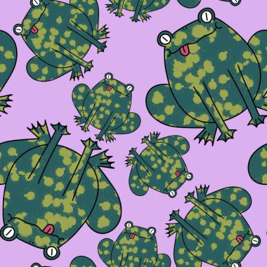 Çizgi film hayvanları, kağıt, kumaş, çarşaf, çocuk giysisi baskısı, yaz aksesuarları ve hayvanat bahçesi ambalajları için kusursuz kurbağa desenleri. Yüksek kaliteli illüstrasyon