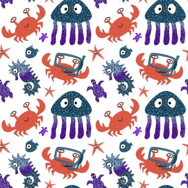 Deniz karikatüründeki yaz hayvanları dikişsiz yengeçler ve balıklar ve denizanaları ve ambalaj kağıdı, kumaş, çarşaf ve çocuk kıyafetleri ve parti aksesuarları için denizatı deseni. Yüksek kaliteli illüstrasyon