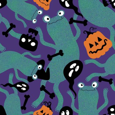 Cadılar Bayramı hayvanlarının dikişsiz kurbağaları, balkabakları, hayaletleri ve kafatası desenleri kağıt, kumaş, çocuk baskısı, şenlikli ambalajlar ve parti sonbahar aksesuarları. Yüksek kaliteli illüstrasyon