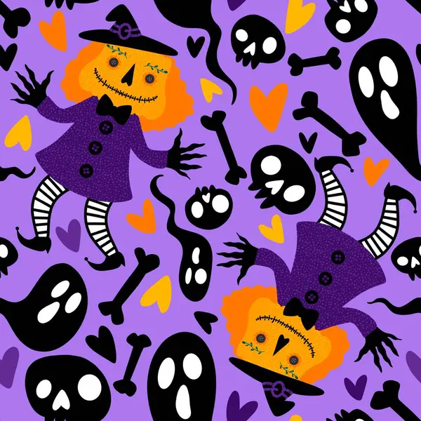 Cadılar Bayramı balkabakları kusursuz canavarlar ve kumaşlar ve çarşaflar için hayalet deseni ve çocuk giysileri baskısı ve şenlikli ambalajlar ve sonbahar partisi aksesuarları. Yüksek kaliteli illüstrasyon