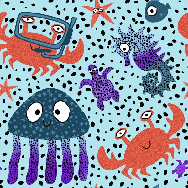 Sea cartoon summer animals seamless crabs and fish and jellyfish and seahorse pattern for wrapping paper and fabrics and linens and kids clothes print and party accessories. High quality illustration