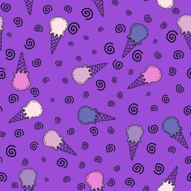Karikatür yaz baskısı kağıtlar, kumaşlar, çarşaflar, çocuk giysileri, şenlikli ambalajlar ve parti aksesuarları için kusursuz dondurma deseni. Yüksek kaliteli illüstrasyon