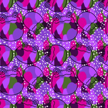 Çizgi film hayvanları, kağıt, kumaş, çarşaf, çocuk giysisi baskısı, yaz aksesuarları ve hayvanat bahçesi ambalajları için kusursuz kurbağa desenleri. Yüksek kaliteli illüstrasyon