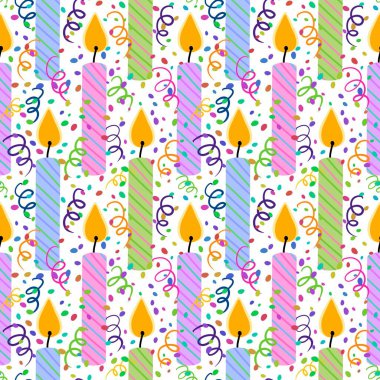 Kağıt, kumaş, çarşaf, çocuk giysisi baskısı, moda tekstil ürünleri ve düğün aksesuarları için şenlikli, kusursuz doğum günü mumu deseni. Yüksek kaliteli illüstrasyon