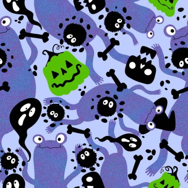 Cadılar Bayramı hayvanlarının dikişsiz kurbağaları, balkabakları, hayaletleri ve kafatası desenleri kağıt, kumaş, çocuk baskısı, şenlikli ambalajlar ve parti sonbahar aksesuarları. Yüksek kaliteli illüstrasyon