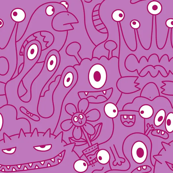 Çizgi film canavarları, kusursuz komik uzaylılar, tavşan, kaktüs ve çiçek desenleri. Kağıt, çarşaf, kumaş, çocuk giysisi baskısı ve şenlikli ambalaj için. Yüksek kaliteli illüstrasyon