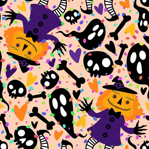 Cadılar Bayramı balkabakları kusursuz canavarlar ve kumaşlar ve çarşaflar için hayalet deseni ve çocuk giysileri baskısı ve şenlikli ambalajlar ve sonbahar partisi aksesuarları. Yüksek kaliteli illüstrasyon