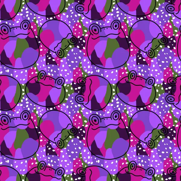 Çizgi film hayvanları, kağıt, kumaş, çarşaf, çocuk giysisi baskısı, yaz aksesuarları ve hayvanat bahçesi ambalajları için kusursuz kurbağa desenleri. Yüksek kaliteli illüstrasyon