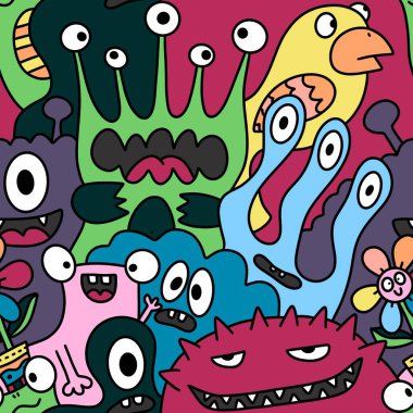 Çizgi film canavarları, kusursuz komik uzaylılar, tavşan, kaktüs ve çiçek desenleri. Kağıt, çarşaf, kumaş, çocuk giysisi baskısı ve şenlikli ambalaj için. Yüksek kaliteli illüstrasyon