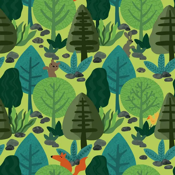 Abstract cartoon forest seamless trees and animals pattern with fox and bears and rabbit and bird for wrapping paper and kids clothes print and summer accessories. High quality illustration