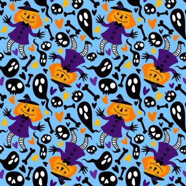 Cadılar Bayramı balkabakları kusursuz canavarlar ve kumaşlar ve çarşaflar için hayalet deseni ve çocuk giysileri baskısı ve şenlikli ambalajlar ve sonbahar partisi aksesuarları. Yüksek kaliteli illüstrasyon