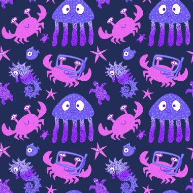 Deniz karikatüründeki yaz hayvanları dikişsiz yengeçler ve balıklar ve denizanaları ve ambalaj kağıdı, kumaş, çarşaf ve çocuk kıyafetleri ve parti aksesuarları için denizatı deseni. Yüksek kaliteli illüstrasyon