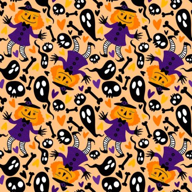 Cadılar Bayramı balkabakları kusursuz canavarlar ve kumaşlar ve çarşaflar için hayalet deseni ve çocuk giysileri baskısı ve şenlikli ambalajlar ve sonbahar partisi aksesuarları. Yüksek kaliteli illüstrasyon