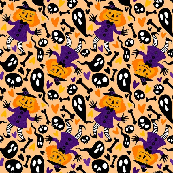 Cadılar Bayramı balkabakları kusursuz canavarlar ve kumaşlar ve çarşaflar için hayalet deseni ve çocuk giysileri baskısı ve şenlikli ambalajlar ve sonbahar partisi aksesuarları. Yüksek kaliteli illüstrasyon