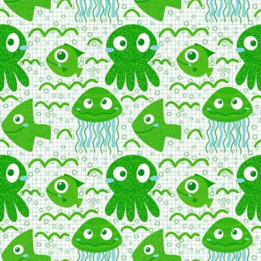 Okyanus hayvanları, dikişsiz denizanaları, yengeçler, denizyıldızı, yıldız ve ahtapot desenli ambalajlar, kumaşlar, çocuk giysileri baskıları ve yaz ambalajları. Yüksek kaliteli illüstrasyon