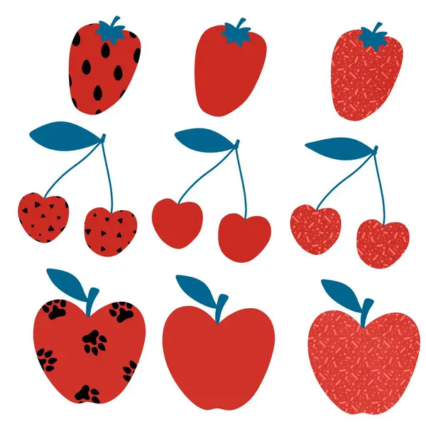 Red fruit set strawberry and cherry and apples for wrapping paper and fabrics and linens and kids clothes print and fashion textiles and stickers. High quality illustration