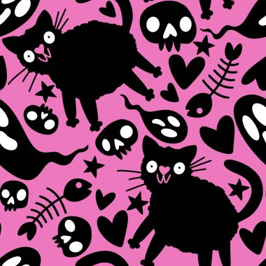 Cadılar Bayramı canavarları kağıt, kumaş ve çarşaf sarmak için kusursuz kedi desenleri ve çocuk giysileri baskısı ve şenlik ambalajı ve parti sonbahar aksesuarları. Yüksek kaliteli illüstrasyon