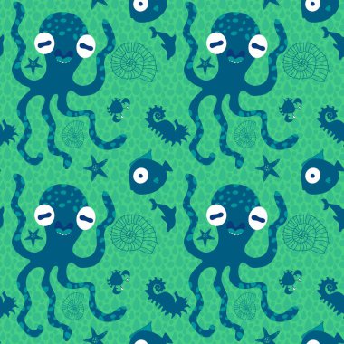 Yaz baskısı okyanus hayvanları kağıt, kumaş, çarşaf ve çocuk giysileri baskısı, şenlik aksesuarları ve hayvanat bahçesi ambalajları için kusursuz çizgi film desenleri. Yüksek kalite fotoğraf