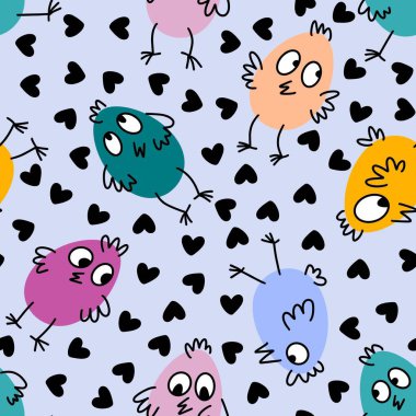 Paskalya yumurtaları ve örtü kağıtları, kumaşlar ve çocuk giysileri baskısı ve bahar aksesuarları ve parti tekstili için tavuk deseni. Yüksek kaliteli illüstrasyon