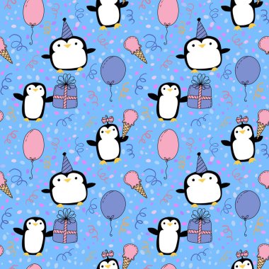 Doğum günü partisi hayvanları kağıt ve kumaş sarmak için kusursuz penguen desenleri ve çocukların giysi baskısı ve şenlik aksesuarları ve yaz baskısı ve hayvanat bahçesi ambalajı. Yüksek kaliteli illüstrasyon