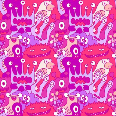 Çizgi film canavarları, kusursuz komik uzaylılar, tavşan, kaktüs ve çiçek desenleri. Kağıt, çarşaf, kumaş, çocuk giysisi baskısı ve şenlikli ambalaj için. Yüksek kaliteli illüstrasyon