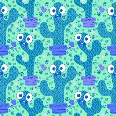 Kağıt, kumaş, çarşaf, tatil aksesuarları ve çocuk giysileri baskısı ve mayo tekstili için yaz çiçeksiz kaktüs deseni. Yüksek kaliteli illüstrasyon