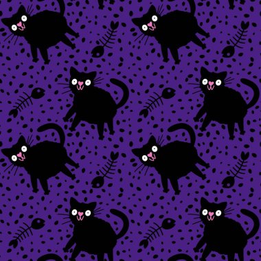 Cadılar Bayramı canavarları kağıt, kumaş ve çarşaf sarmak için kusursuz kedi desenleri ve çocuk giysileri baskısı ve şenlik ambalajı ve parti sonbahar aksesuarları. Yüksek kaliteli illüstrasyon