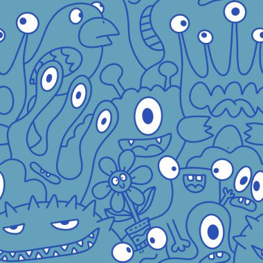 Çizgi film canavarları, kusursuz komik uzaylılar, tavşan, kaktüs ve çiçek desenleri. Kağıt, çarşaf, kumaş, çocuk giysisi baskısı ve şenlikli ambalaj için. Yüksek kaliteli illüstrasyon