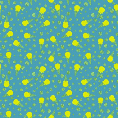 Karikatür yaz baskısı kağıtlar, kumaşlar, çarşaflar, çocuk giysileri, şenlikli ambalajlar ve parti aksesuarları için kusursuz dondurma deseni. Yüksek kaliteli illüstrasyon