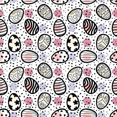 Karikatür Paskalya yumurtaları kumaşlar ve çarşaflar için noktasız polka desenleri ve çocuk giysileri baskısı ve bahar aksesuarları ve ambalaj kağıdı. Yüksek kaliteli illüstrasyon