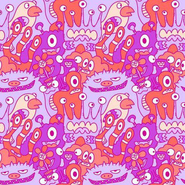 Çizgi film canavarları, kusursuz komik uzaylılar, tavşan, kaktüs ve çiçek desenleri. Kağıt, çarşaf, kumaş, çocuk giysisi baskısı ve şenlikli ambalaj için. Yüksek kaliteli illüstrasyon