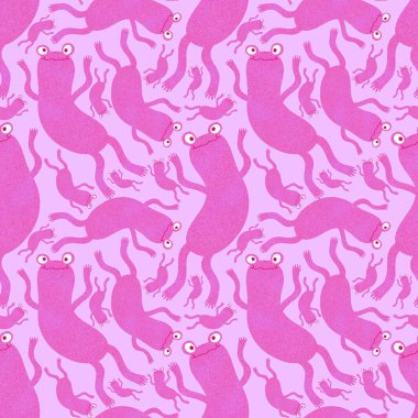 Çizgi film hayvanları, kağıt, kumaş, çarşaf, çocuk giysisi baskısı, yaz aksesuarları ve hayvanat bahçesi ambalajları için kusursuz kurbağa desenleri. Yüksek kaliteli illüstrasyon