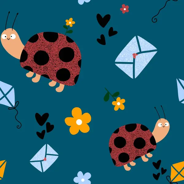 Cartoon animals seamless ladybug and flower and letters pattern for wrapping paper and fabrics and linens and kids clothes print and party accessories. High quality illustration