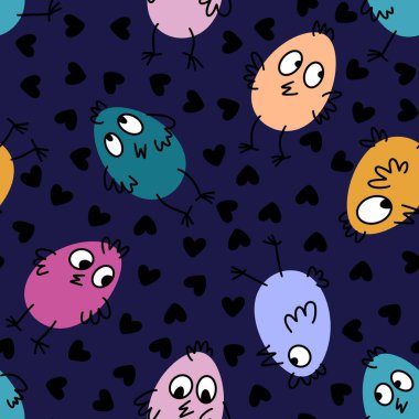 Paskalya yumurtaları ve örtü kağıtları, kumaşlar ve çocuk giysileri baskısı ve bahar aksesuarları ve parti tekstili için tavuk deseni. Yüksek kaliteli illüstrasyon