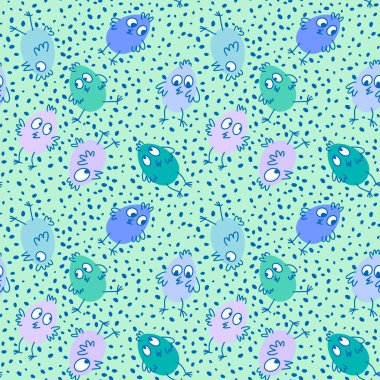 Paskalya yumurtaları ve örtü kağıtları, kumaşlar ve çocuk giysileri baskısı ve bahar aksesuarları ve parti tekstili için tavuk deseni. Yüksek kaliteli illüstrasyon