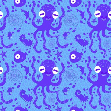 Yaz baskısı okyanus hayvanları kağıt, kumaş, çarşaf ve çocuk giysileri baskısı, şenlik aksesuarları ve hayvanat bahçesi ambalajları için kusursuz çizgi film desenleri. Yüksek kalite fotoğraf