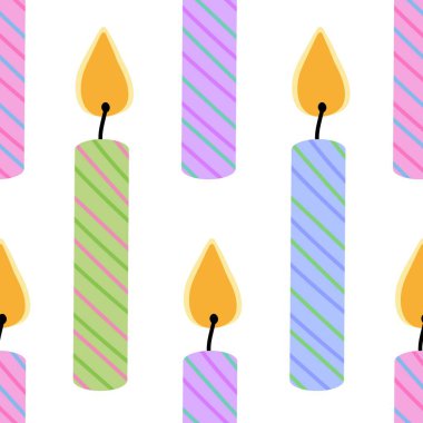 Kağıt, kumaş, çarşaf, çocuk giysisi baskısı, moda tekstil ürünleri ve düğün aksesuarları için şenlikli, kusursuz doğum günü mumu deseni. Yüksek kaliteli illüstrasyon
