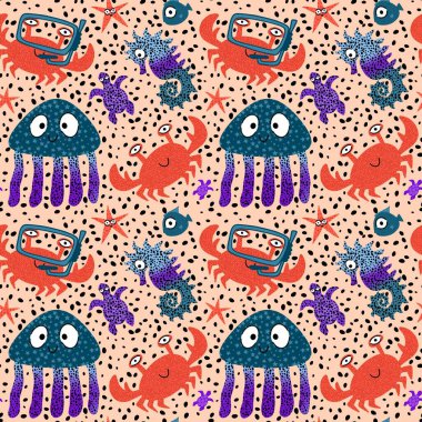 Deniz karikatüründeki yaz hayvanları dikişsiz yengeçler ve balıklar ve denizanaları ve ambalaj kağıdı, kumaş, çarşaf ve çocuk kıyafetleri ve parti aksesuarları için denizatı deseni. Yüksek kaliteli illüstrasyon