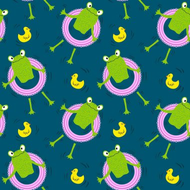 Yaz hayvanları, sarma kağıtları, kumaşlar, çarşaflar, çocuk giysileri baskıları, şenlikli ambalajlar ve parti aksesuarları için kusursuz kurbağalar ve yüzme şablonu. Yüksek kaliteli illüstrasyon